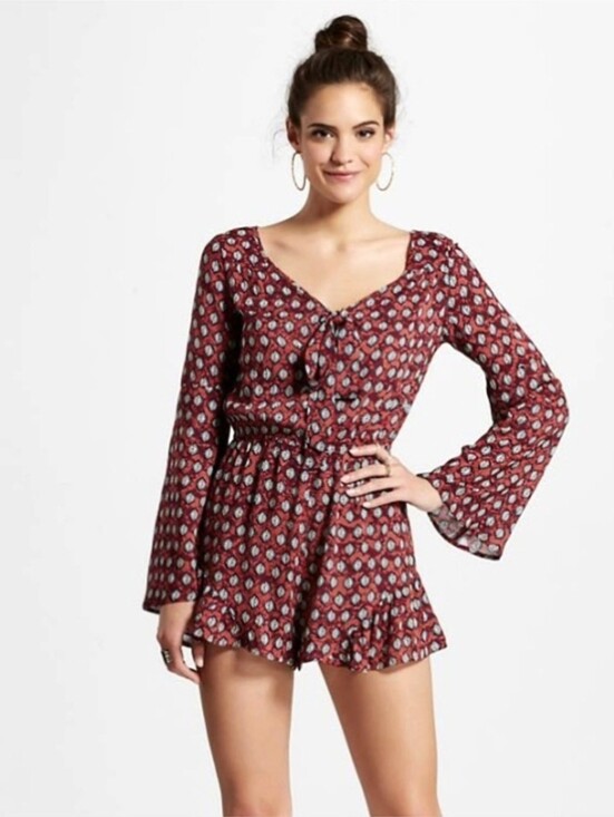 Xhilaration Pants - Xhilaration Rust Red Abstract Floral Romper Tie-Front Long Bell Sleeve Playsuit